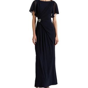 Lauren Ralph LaurenBoat Neck Flutter Short Sleeve Rhinestone Pin Ruched Gown
